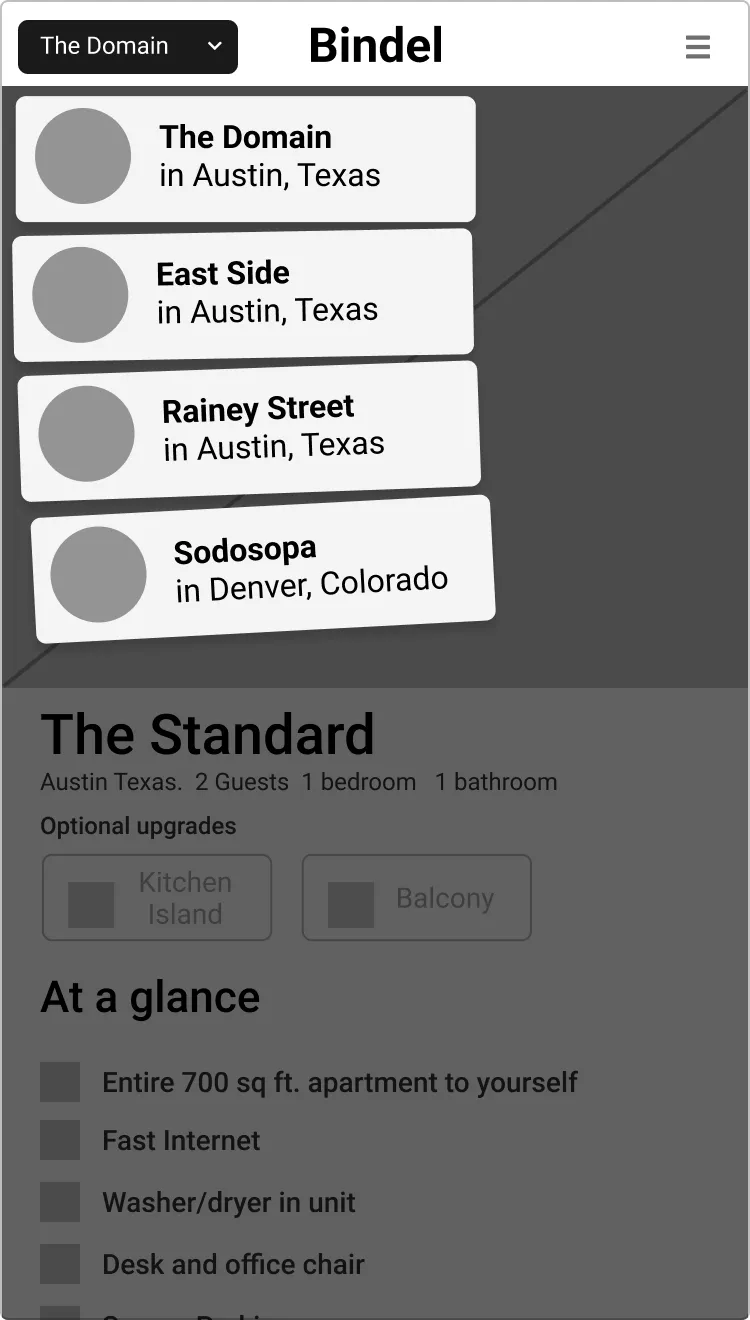 Wireframe of the Bindel Navigation Menu with Unit-Type picker open
