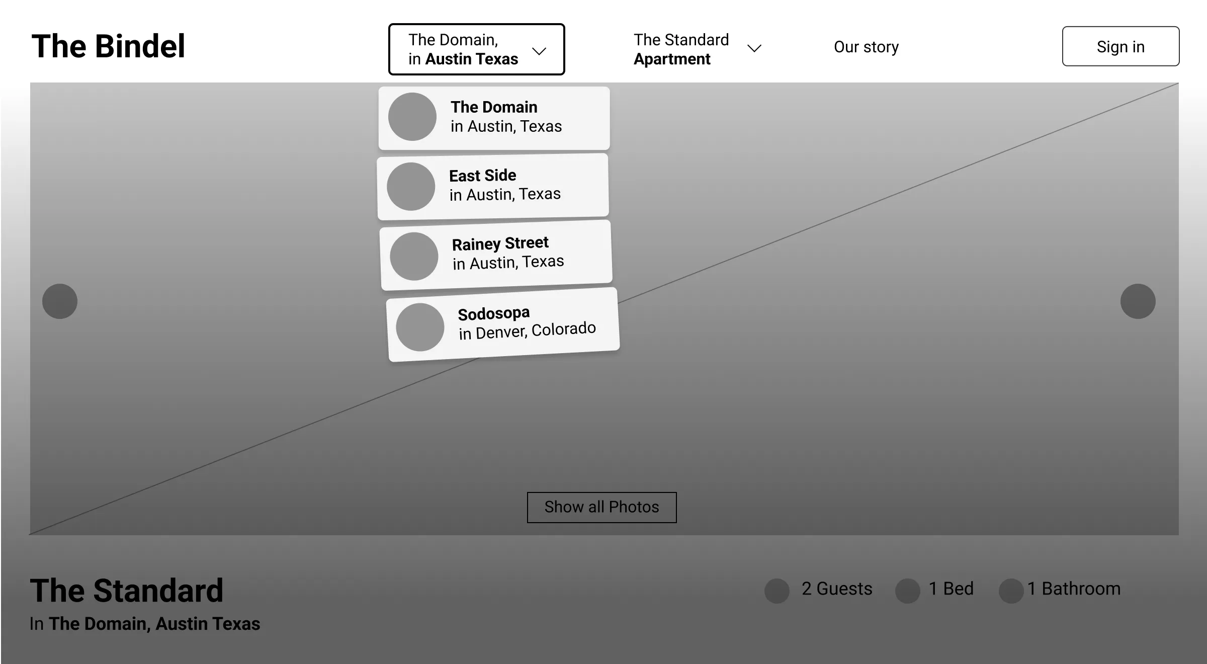 Wireframe of the Bindel Navigation Menu with Location picker open